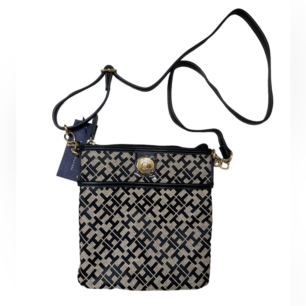 Tommy Hilfiger Xbody Crossbody Bag, Adjustable Strap - Black & Tan -Gold Accents